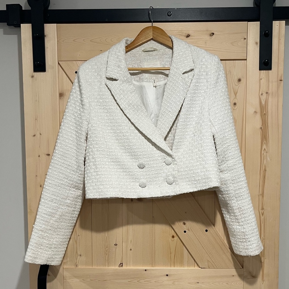 Avec Les Filles Textured Cropped Cream Double-Breasted Blazer, Size Large